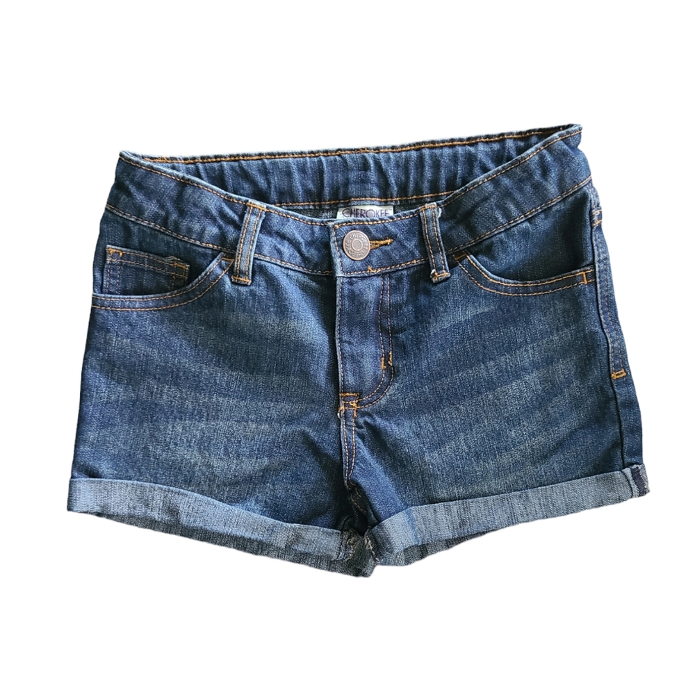 Cherokee denim shorts, cuffed, button fly, adjustable elastic waist, size 7/8